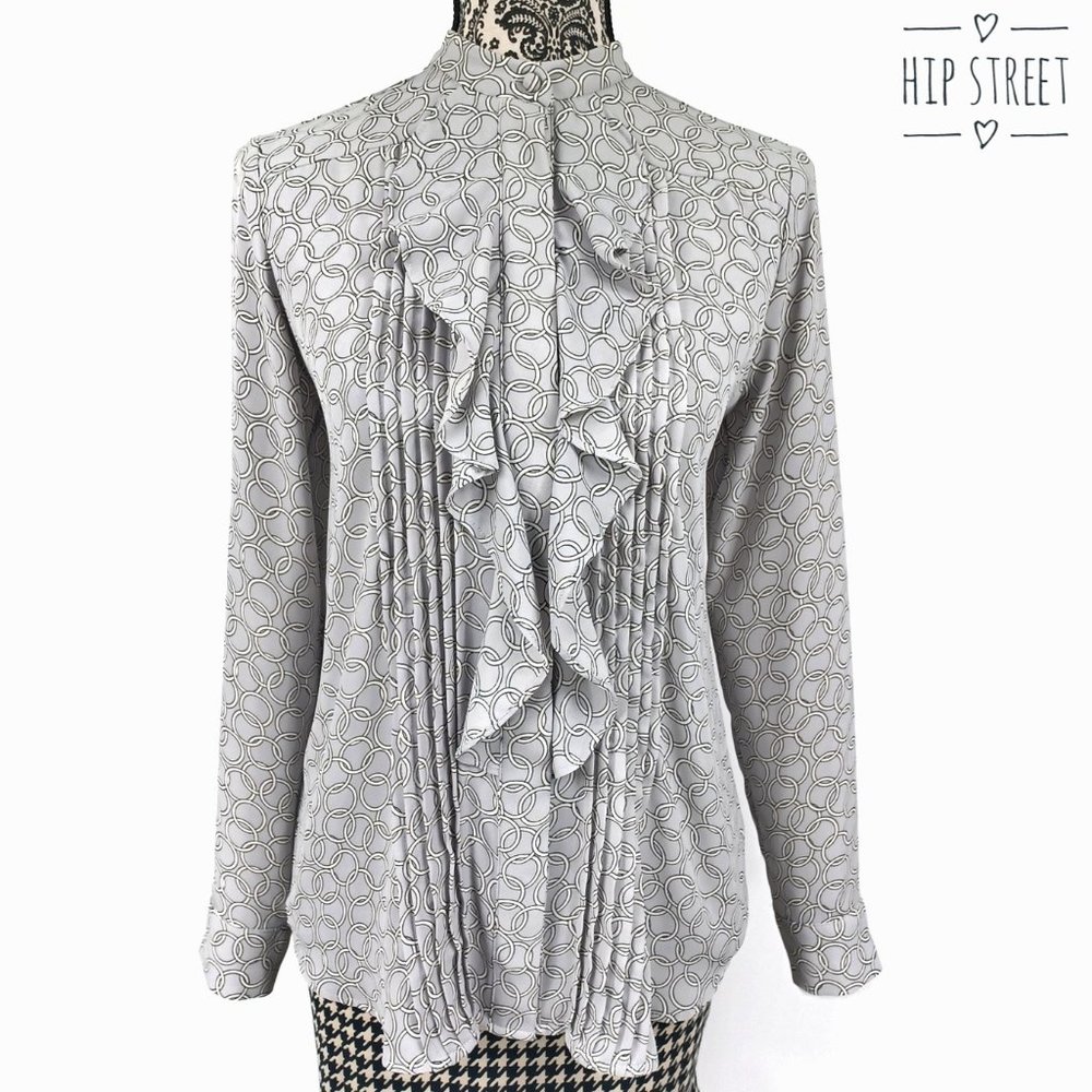 ANN TAYLOR Blouse Ruffle Pintuck Button Front LS Circle Print Crepe XS